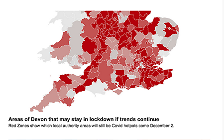 heat map from Devon Live showing lockdown status in the region